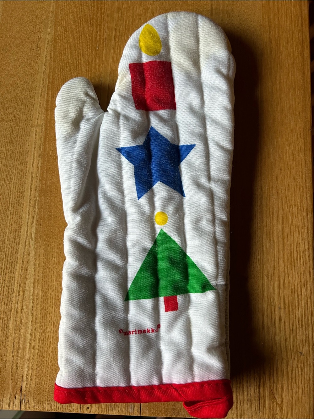 Vintage Marimekko White Oven Mitt with Green Tree, Blue Star & Red Candle Accent